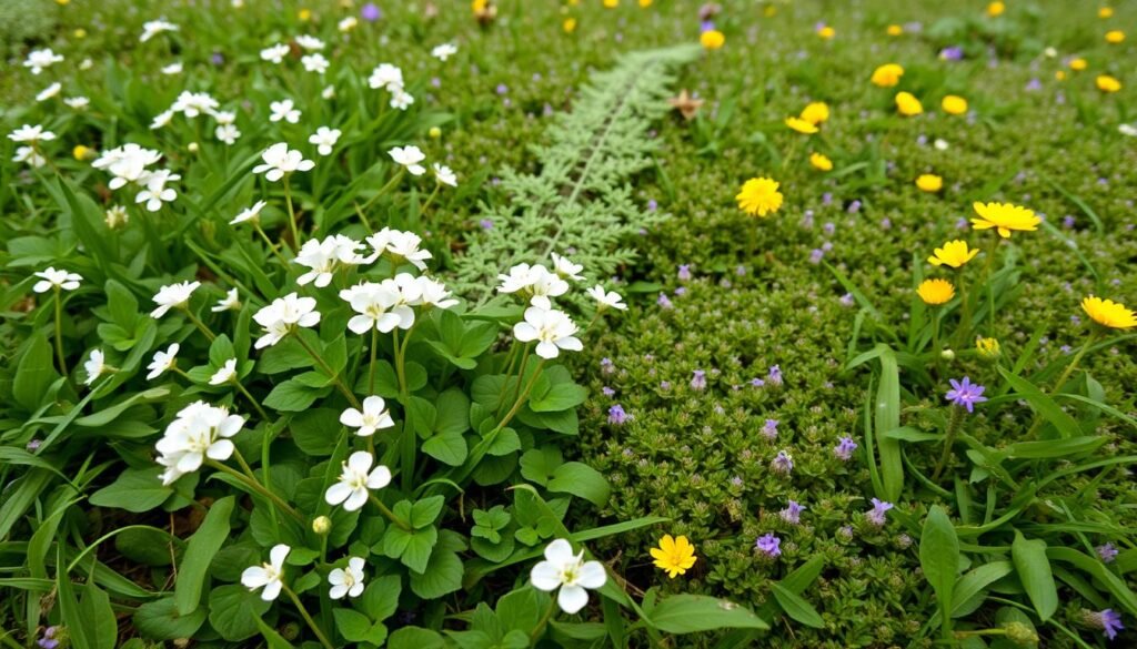 A lush, verdant lawn filled with a vibrant carpet of white clover, creeping thyme, and self-heal. The foreground features the delicate, clustered blooms of the white clover, their petals gently unfurling in the soft, natural light. The middle ground showcases the trailing, mosslike foliage of the creeping thyme, its tiny purple flowers dotting the scene. In the background, the cheerful yellow blooms of the self-heal plants add pops of color, complementing the overall harmony of the composition. The image is captured with a wide-angle lens, emphasizing the seamless integration of these three flowering plants and the inviting, bee-friendly atmosphere they create. A lush, verdant lawn filled with a vibrant carpet of white clover, creeping thyme, and self-heal. The foreground features the delicate, clustered blooms of the white clover, their petals gently unfurling in the soft, natural light. The middle ground showcases the trailing, mosslike foliage of the creeping thyme, its tiny purple flowers dotting the scene. In the background, the cheerful yellow blooms of the self-heal plants add pops of color, complementing the overall harmony of the composition. The image is captured with a wide-angle lens, emphasizing the seamless integration of these three flowering plants and the inviting, bee-friendly atmosphere they create.