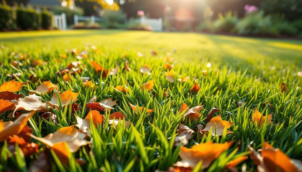 A lush, verdant lawn with fallen leaves gently blanketing the grass, illuminated by warm, diffused natural lighting. In the foreground, the leaves have been partially integrated into the soil through a recent mulch-mow process, creating a nutrient-rich foundation for the thriving grass. The middle ground showcases the well-maintained, uniform lawn, with blades of grass standing tall and healthy. In the background, a tranquil garden scene unfolds, hinting at the integration of leaf litter and grass clippings into the surrounding soil, nourishing the entire ecosystem. Captured with a wide-angle lens to convey a sense of depth and scale, this image embodies the harmony between leaf management and lawn care, showcasing the benefits of the mulch-mow approach. A lush, verdant lawn with fallen leaves gently blanketing the grass, illuminated by warm, diffused natural lighting. In the foreground, the leaves have been partially integrated into the soil through a recent mulch-mow process, creating a nutrient-rich foundation for the thriving grass. The middle ground showcases the well-maintained, uniform lawn, with blades of grass standing tall and healthy. In the background, a tranquil garden scene unfolds, hinting at the integration of leaf litter and grass clippings into the surrounding soil, nourishing the entire ecosystem. Captured with a wide-angle lens to convey a sense of depth and scale, this image embodies the harmony between leaf management and lawn care, showcasing the benefits of the mulch-mow approach.