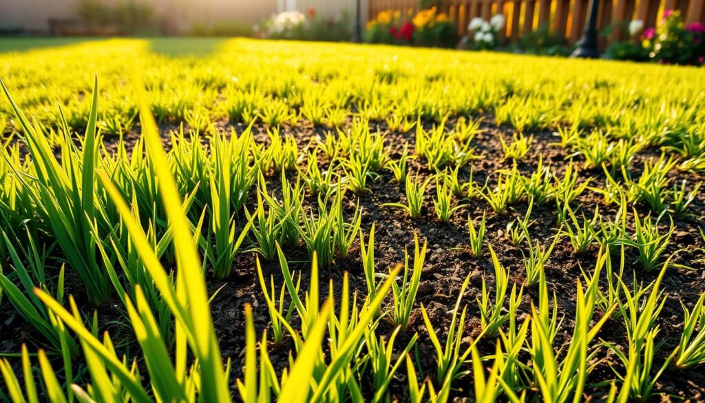 A lush, verdant lawn with freshly repaired bare patches, bathed in warm, golden afternoon sunlight. In the foreground, emerald blades of grass stand tall and healthy, their tips glistening with dew. The middle ground reveals expertly tended soil, recently aerated and seeded, with young grass seedlings pushing their way up through the earth. In the background, a picturesque garden with vibrant flowers and a wooden fence, creating a peaceful, inviting scene. The overall atmosphere is one of renewal and rejuvenation, showcasing the rewards of diligent lawn care after repair.