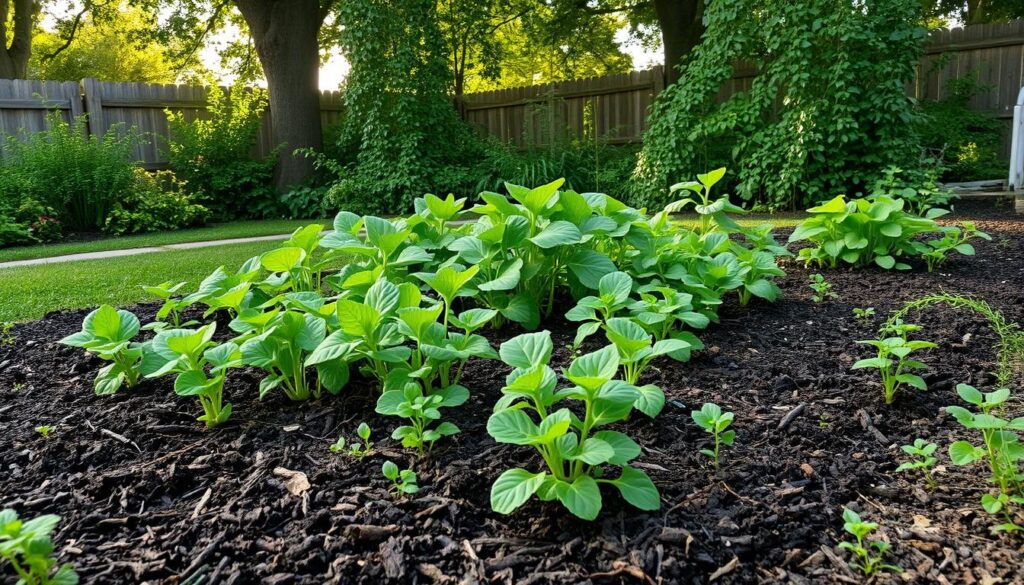 A lush, verdant no-till garden bed nestled in a serene backyard setting. The soil is rich and dark, teeming with life and covered in a thick layer of organic mulch. Healthy, vibrant plants flourish without the disturbance of tilling, their roots reaching deep into the undisturbed earth. Soft, diffused sunlight filters through the canopy of nearby trees, casting a warm, natural glow over the scene. The overall atmosphere is one of harmony and sustainability, reflecting the importance of preserving the delicate balance of the soil ecosystem. A lush, verdant no-till garden bed nestled in a serene backyard setting. The soil is rich and dark, teeming with life and covered in a thick layer of organic mulch. Healthy, vibrant plants flourish without the disturbance of tilling, their roots reaching deep into the undisturbed earth. Soft, diffused sunlight filters through the canopy of nearby trees, casting a warm, natural glow over the scene. The overall atmosphere is one of harmony and sustainability, reflecting the importance of preserving the delicate balance of the soil ecosystem.