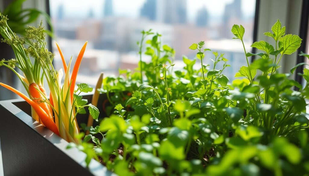 A lush, verdant scene of regrowing kitchen scraps, showcasing the power of sustainable food cultivation. In the foreground, a variety of vibrant vegetable trimmings - carrot tops, scallion ends, and lettuce stumps - are thriving in a modern, minimalist planter. The middle ground features a mix of thriving herbs and leafy greens, their fresh, crisp leaves illuminated by soft, natural lighting from an overhead window. In the background, a blurred cityscape suggests the urban setting, underscoring the accessibility and relevance of this eco-friendly practice. The overall atmosphere is one of hope, renewal, and the rewarding cycle of nurturing and consuming one's own food scraps. A lush, verdant scene of regrowing kitchen scraps, showcasing the power of sustainable food cultivation. In the foreground, a variety of vibrant vegetable trimmings - carrot tops, scallion ends, and lettuce stumps - are thriving in a modern, minimalist planter. The middle ground features a mix of thriving herbs and leafy greens, their fresh, crisp leaves illuminated by soft, natural lighting from an overhead window. In the background, a blurred cityscape suggests the urban setting, underscoring the accessibility and relevance of this eco-friendly practice. The overall atmosphere is one of hope, renewal, and the rewarding cycle of nurturing and consuming one's own food scraps.