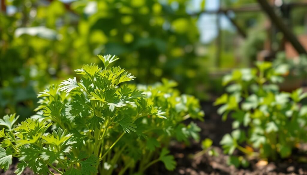 A lush, verdant scene showcasing a thriving cilantro plant against a backdrop of a sun-dappled kitchen garden. The cilantro leaves are vibrant green, their delicate fronds gently swaying in a soft breeze. The plant is positioned in the foreground, its robust stems rising from a well-tended soil bed. Overhead, the natural light filters through a canopy of leafy herbs and vegetables, casting a warm, golden glow across the scene. The overall composition evokes a sense of abundance, vitality, and the rewarding experience of growing flavorful, homegrown cilantro that resists bolting, even in the heat. A lush, verdant scene showcasing a thriving cilantro plant against a backdrop of a sun-dappled kitchen garden. The cilantro leaves are vibrant green, their delicate fronds gently swaying in a soft breeze. The plant is positioned in the foreground, its robust stems rising from a well-tended soil bed. Overhead, the natural light filters through a canopy of leafy herbs and vegetables, casting a warm, golden glow across the scene. The overall composition evokes a sense of abundance, vitality, and the rewarding experience of growing flavorful, homegrown cilantro that resists bolting, even in the heat.