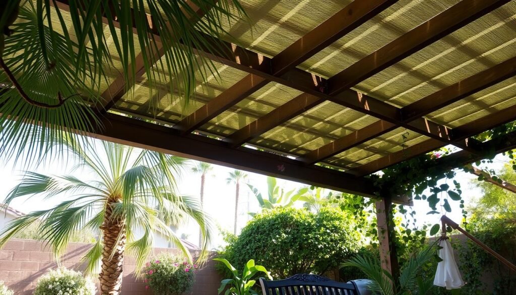 A lush, verdant shade canopy in a Phoenix backyard, filtering the intense sunlight and creating a cool, inviting oasis. Delicate fronds of a towering date palm sway gently in a light breeze, casting intricate patterns of shadow and light across the ground below. Trailing vines and climbing flowers adorn the sturdy wooden beams, adding pops of vibrant color to the scene. The canopy's angled, slatted design casts a soft, diffused illumination, creating an atmosphere of tranquility and respite from the desert heat. A weathered garden bench nestled beneath the shade invites leisurely relaxation, offering a peaceful escape from the scorching temperatures outside. A lush, verdant shade canopy in a Phoenix backyard, filtering the intense sunlight and creating a cool, inviting oasis. Delicate fronds of a towering date palm sway gently in a light breeze, casting intricate patterns of shadow and light across the ground below. Trailing vines and climbing flowers adorn the sturdy wooden beams, adding pops of vibrant color to the scene. The canopy's angled, slatted design casts a soft, diffused illumination, creating an atmosphere of tranquility and respite from the desert heat. A weathered garden bench nestled beneath the shade invites leisurely relaxation, offering a peaceful escape from the scorching temperatures outside.