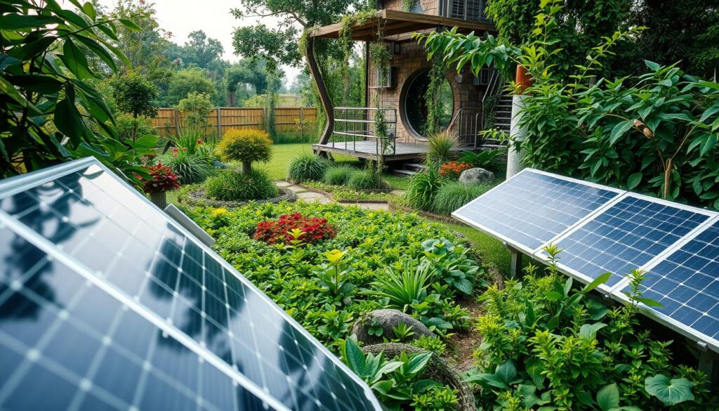A lush, verdant solarpunk garden thrives, showcasing the core principles of sustainability, innovation, and harmony with nature. In the foreground, sleek solar panels blend seamlessly with vibrant, thriving flora, powering an array of high-tech, eco-friendly devices. The middle ground features a diverse array of native plants, arranged in an intricate, interconnected pattern, representing the interconnectedness of natural systems. In the background, a futuristic yet organic structure, made of recycled materials and renewable resources, serves as a hub for community gathering and education. Soft, diffused lighting bathes the scene, creating a warm, inviting atmosphere that embodies the solarpunk ethos of progress through green technology and a deep respect for the natural world.