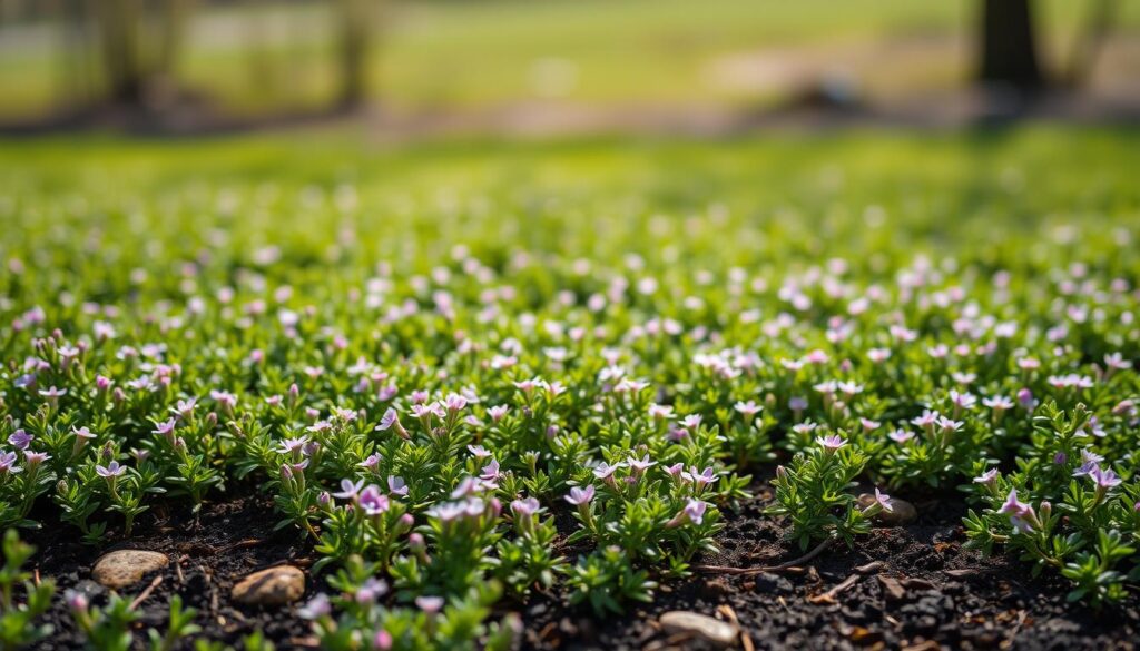 A lush, verdant spring planting of creeping thyme lawn, captured in soft, natural lighting. The foreground showcases the delicate, dense carpet of tiny purple-pink flowers gently swaying in a light breeze. The middle ground reveals the rich, dark soil from which the thyme emerges, with a few scattered pebbles and twigs adding subtle texture. In the background, a blurred, hazy landscape of vibrant greenery frames the scene, creating a sense of depth and serenity. The overall composition evokes a tranquil, earthy atmosphere, inviting the viewer to imagine walking through this springtime tapestry lawn. A lush, verdant spring planting of creeping thyme lawn, captured in soft, natural lighting. The foreground showcases the delicate, dense carpet of tiny purple-pink flowers gently swaying in a light breeze. The middle ground reveals the rich, dark soil from which the thyme emerges, with a few scattered pebbles and twigs adding subtle texture. In the background, a blurred, hazy landscape of vibrant greenery frames the scene, creating a sense of depth and serenity. The overall composition evokes a tranquil, earthy atmosphere, inviting the viewer to imagine walking through this springtime tapestry lawn.