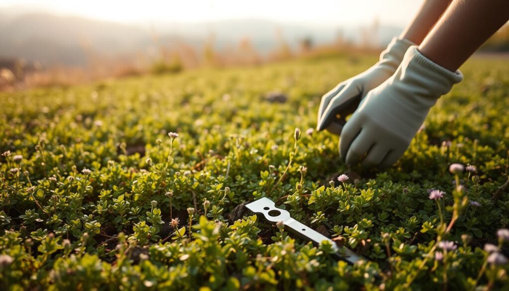 A lush, verdant tapestry lawn of creeping thyme and yarrow, gently swaying in a warm breeze. In the foreground, a pair of gloved hands carefully tending to the plants, pruning wayward stems and clearing away fallen leaves. The soft, diffused sunlight filters through wispy clouds, casting a gentle glow across the scene. In the middle ground, a garden trowel and small pruning shears lie neatly on the ground, a testament to the patient, meticulous work required to maintain this low-maintenance oasis. The background fades into a tranquil, out-of-focus landscape, hinting at the peaceful, harmonious coexistence of this natural tapestry with its surroundings. A lush, verdant tapestry lawn of creeping thyme and yarrow, gently swaying in a warm breeze. In the foreground, a pair of gloved hands carefully tending to the plants, pruning wayward stems and clearing away fallen leaves. The soft, diffused sunlight filters through wispy clouds, casting a gentle glow across the scene. In the middle ground, a garden trowel and small pruning shears lie neatly on the ground, a testament to the patient, meticulous work required to maintain this low-maintenance oasis. The background fades into a tranquil, out-of-focus landscape, hinting at the peaceful, harmonious coexistence of this natural tapestry with its surroundings.