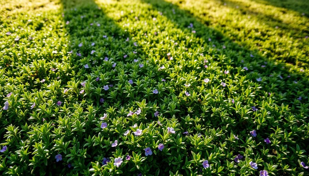 A lush, verdant tapestry of creeping thyme, its tiny purple flowers dotting the soft, undulating ground cover. The foreground features the delicate, feathery foliage in crisp focus, with dappled sunlight filtering through the middle ground, casting a warm, golden glow. In the background, the textured, mossy tones of the surrounding lawn create a sense of depth and harmonious integration. Captured with a wide-angle lens, the image conveys the tranquil, naturalistic beauty of this thriving tapestry lawn, inviting the viewer to imagine walking through its fragrant, cushiony expanse. A lush, verdant tapestry of creeping thyme, its tiny purple flowers dotting the soft, undulating ground cover. The foreground features the delicate, feathery foliage in crisp focus, with dappled sunlight filtering through the middle ground, casting a warm, golden glow. In the background, the textured, mossy tones of the surrounding lawn create a sense of depth and harmonious integration. Captured with a wide-angle lens, the image conveys the tranquil, naturalistic beauty of this thriving tapestry lawn, inviting the viewer to imagine walking through its fragrant, cushiony expanse.