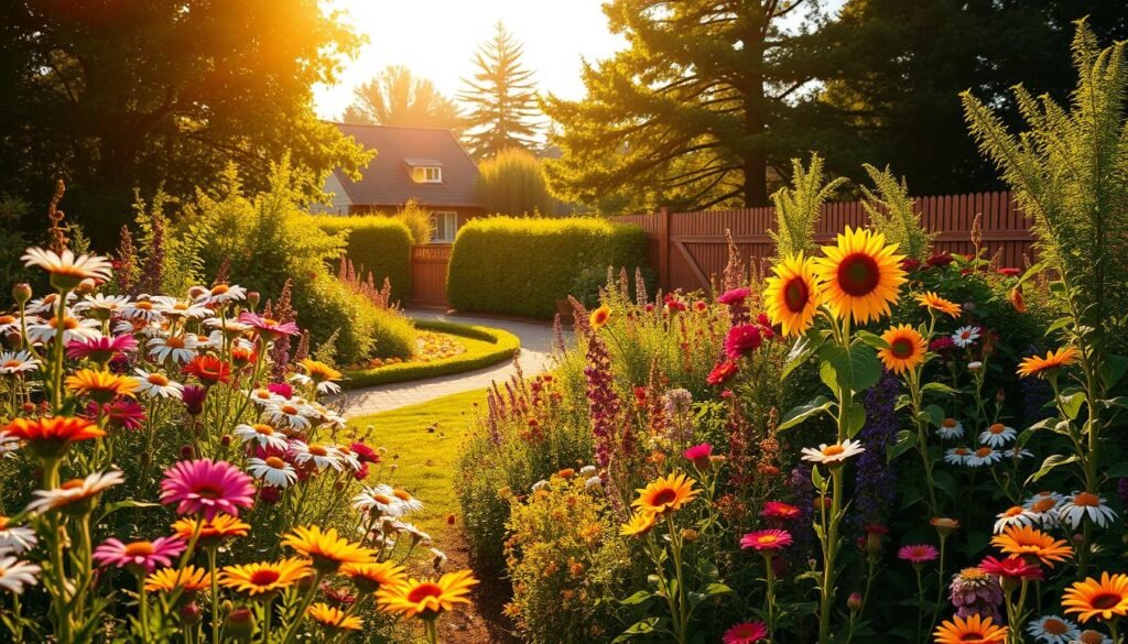 A lush, vibrant angiosperms garden bathed in warm, golden afternoon light. In the foreground, a diverse array of flowering plants sway gently in a light breeze - colorful petals of daisies, lilies, and sunflowers reaching towards the sky. The middle ground reveals a meandering path winding through the garden, flanked by neatly trimmed hedges and dotted with buzzing pollinators. In the background, a picturesque wooden fence frames the scene, with towering trees providing a verdant backdrop. The overall atmosphere is one of peaceful tranquility, inviting the viewer to step into this idyllic pollinator-friendly oasis. A lush, vibrant angiosperms garden bathed in warm, golden afternoon light. In the foreground, a diverse array of flowering plants sway gently in a light breeze - colorful petals of daisies, lilies, and sunflowers reaching towards the sky. The middle ground reveals a meandering path winding through the garden, flanked by neatly trimmed hedges and dotted with buzzing pollinators. In the background, a picturesque wooden fence frames the scene, with towering trees providing a verdant backdrop. The overall atmosphere is one of peaceful tranquility, inviting the viewer to step into this idyllic pollinator-friendly oasis.