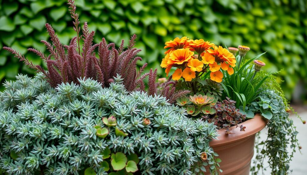 A lush, vibrant container garden filled with an array of sensory-engaging plants. In the foreground, a mix of textured foliage in shades of green, purple, and silver cascade gracefully over the planter's edges. Midground features a cluster of fragrant blooms in warm hues of orange, yellow, and red, gently swaying in a soft, diffused light. In the background, a backdrop of verdant, layered greenery creates a sense of depth and natural tranquility. The overall composition evokes a soothing, harmonious atmosphere that invites the viewer to pause and engage their senses through touch, smell, and sight. A lush, vibrant container garden filled with an array of sensory-engaging plants. In the foreground, a mix of textured foliage in shades of green, purple, and silver cascade gracefully over the planter's edges. Midground features a cluster of fragrant blooms in warm hues of orange, yellow, and red, gently swaying in a soft, diffused light. In the background, a backdrop of verdant, layered greenery creates a sense of depth and natural tranquility. The overall composition evokes a soothing, harmonious atmosphere that invites the viewer to pause and engage their senses through touch, smell, and sight.