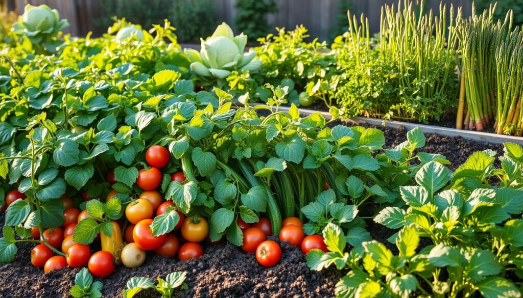 A lush, vibrant edible landscape with a diverse array of thriving vegetables. In the foreground, a bountiful display of fresh produce - plump tomatoes, crisp lettuce, juicy peppers, and leafy greens. The middle ground features trailing vines of cucumbers and squash, their vibrant hues contrasting with the earthy tones of the soil. In the background, a well-tended raised garden bed showcases tall, flourishing plants - bold broccoli florets, tender asparagus stalks, and colorful carrots peeking through the earth. Warm, golden afternoon light bathes the scene, casting gentle shadows and highlighting the textures and details of the verdant, productive plants. The overall impression is one of abundance, health, and the joyful harvest of a bountiful edible landscape. A lush, vibrant edible landscape with a diverse array of thriving vegetables. In the foreground, a bountiful display of fresh produce - plump tomatoes, crisp lettuce, juicy peppers, and leafy greens. The middle ground features trailing vines of cucumbers and squash, their vibrant hues contrasting with the earthy tones of the soil. In the background, a well-tended raised garden bed showcases tall, flourishing plants - bold broccoli florets, tender asparagus stalks, and colorful carrots peeking through the earth. Warm, golden afternoon light bathes the scene, casting gentle shadows and highlighting the textures and details of the verdant, productive plants. The overall impression is one of abundance, health, and the joyful harvest of a bountiful edible landscape.