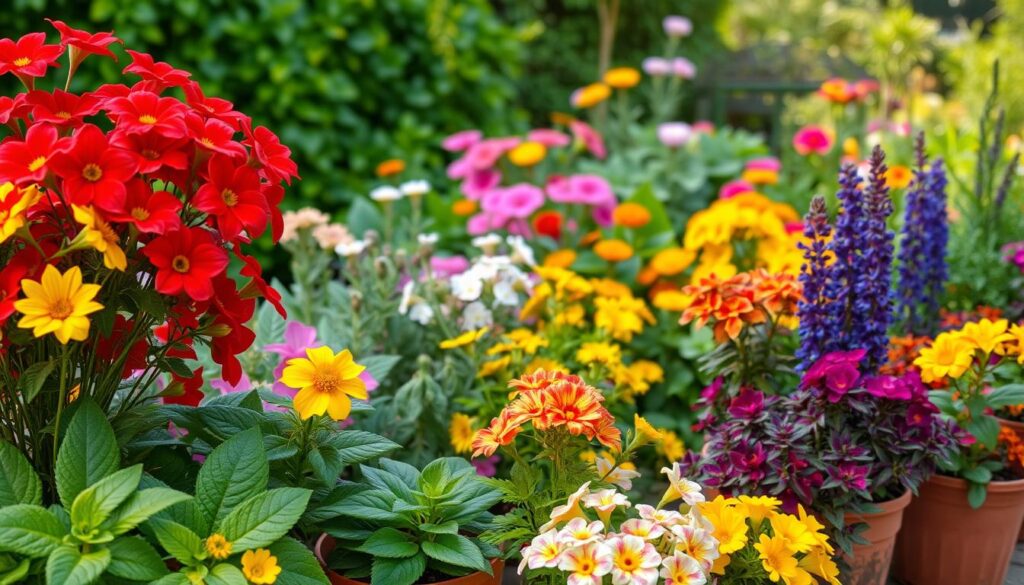 A lush, vibrant garden filled with a symphony of colors. In the foreground, a cluster of potted plants and flowers arranged in a harmonious palette - vivid reds, sunny yellows, and rich purples. The middle ground showcases a variety of blooming botanicals, their petals glistening under the warm, diffused lighting. In the background, a verdant garden backdrop provides a serene, natural setting. The overall scene exudes a sense of balance, creativity, and the boundless possibilities of using a color wheel to cultivate a captivating potted plant display.