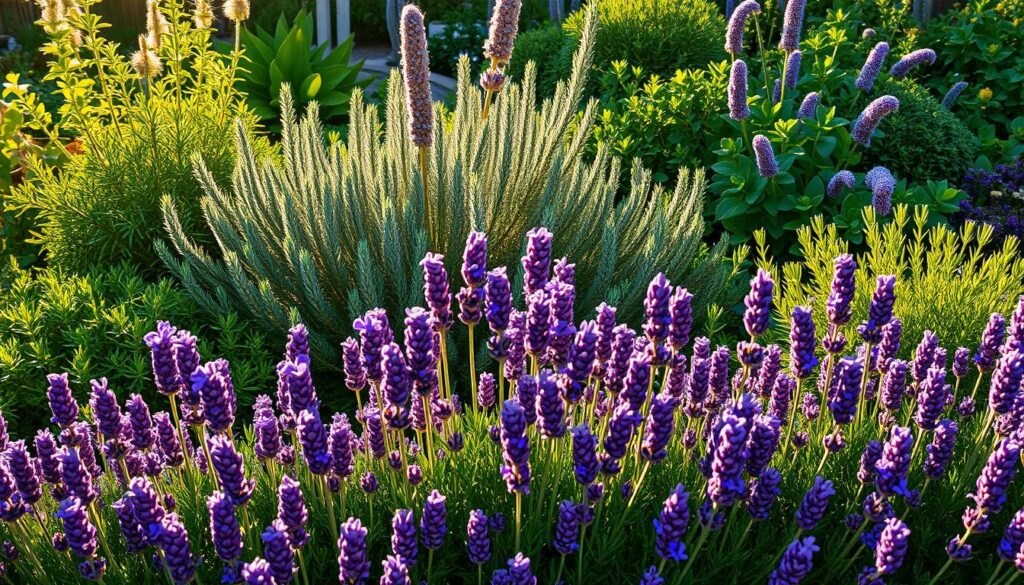 A lush, vibrant garden filled with a variety of essential oil plants, bathed in warm, golden sunlight. In the foreground, a row of fragrant lavender plants, their purple hues contrasting beautifully with the verdant foliage. Behind them, a cluster of bushy rosemary plants, their needle-like leaves glistening with dew. In the middle ground, a towering sage plant stands tall, its soft, silvery-green leaves catching the light. In the background, a mix of other aromatic herbs, such as thyme, oregano, and peppermint, create a harmonious tapestry of scents and colors. The entire scene is captured with a wide-angle lens, emphasizing the depth and abundance of this carefully curated herb garden, ready to yield its precious essential oils. A lush, vibrant garden filled with a variety of essential oil plants, bathed in warm, golden sunlight. In the foreground, a row of fragrant lavender plants, their purple hues contrasting beautifully with the verdant foliage. Behind them, a cluster of bushy rosemary plants, their needle-like leaves glistening with dew. In the middle ground, a towering sage plant stands tall, its soft, silvery-green leaves catching the light. In the background, a mix of other aromatic herbs, such as thyme, oregano, and peppermint, create a harmonious tapestry of scents and colors. The entire scene is captured with a wide-angle lens, emphasizing the depth and abundance of this carefully curated herb garden, ready to yield its precious essential oils.