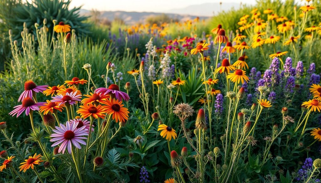 A lush, vibrant garden filled with drought-tolerant native plants. In the foreground, clusters of colorful wildflowers sway gently in the soft, warm light - purple coneflowers, orange blanket flowers, and yellow black-eyed Susans. Stepping back, a mix of fragrant herbs and resilient perennials cover the ground, their deep green foliage contrasting with the flowers. In the background, a subtle hazy horizon hints at the arid landscape beyond, the plants standing strong against the dryness. Captured with a wide-angle lens to showcase the diversity and interconnectedness of this resilient, self-sustaining ecosystem. A lush, vibrant garden filled with drought-tolerant native plants. In the foreground, clusters of colorful wildflowers sway gently in the soft, warm light - purple coneflowers, orange blanket flowers, and yellow black-eyed Susans. Stepping back, a mix of fragrant herbs and resilient perennials cover the ground, their deep green foliage contrasting with the flowers. In the background, a subtle hazy horizon hints at the arid landscape beyond, the plants standing strong against the dryness. Captured with a wide-angle lens to showcase the diversity and interconnectedness of this resilient, self-sustaining ecosystem.
