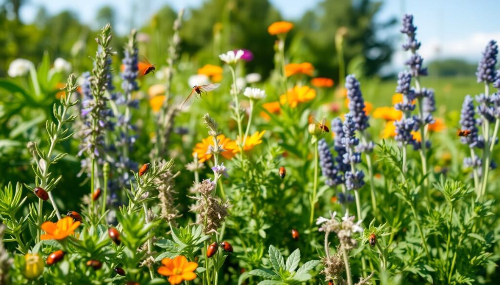 A lush, vibrant garden scene with a variety of herbs and flowering plants arranged in a harmonious composition. In the foreground, an array of beneficial insects such as ladybugs, lacewings, and hoverflies gracefully flitting among the foliage, their delicate movements captured in a soft, natural lighting. The middle ground features a mix of aromatic herbs like rosemary, thyme, and lavender, their leaves gently swaying in a gentle breeze. In the background, a backdrop of verdant greenery and a clear, blue sky creates a serene and calming atmosphere, conveying the core principles of companion planting with herbs. A lush, vibrant garden scene with a variety of herbs and flowering plants arranged in a harmonious composition. In the foreground, an array of beneficial insects such as ladybugs, lacewings, and hoverflies gracefully flitting among the foliage, their delicate movements captured in a soft, natural lighting. The middle ground features a mix of aromatic herbs like rosemary, thyme, and lavender, their leaves gently swaying in a gentle breeze. In the background, a backdrop of verdant greenery and a clear, blue sky creates a serene and calming atmosphere, conveying the core principles of companion planting with herbs.