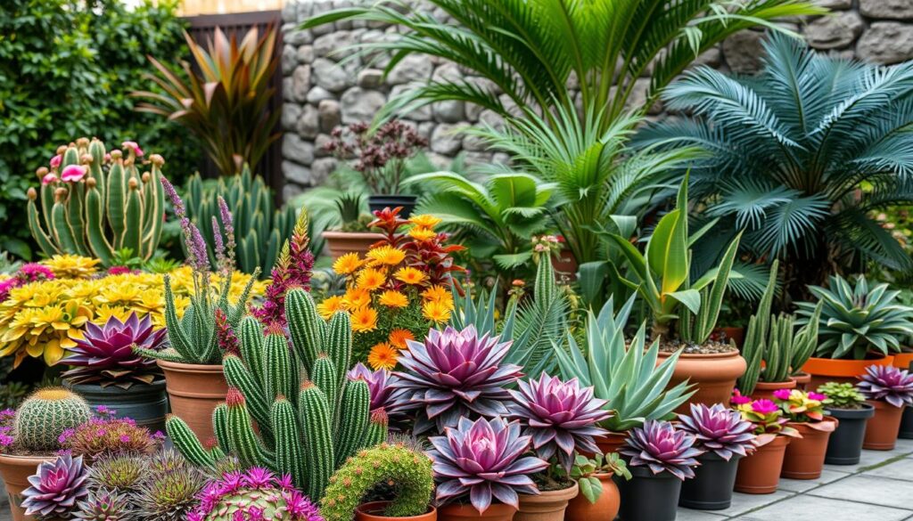 A lush, vibrant garden scene with a variety of potted plants arranged in a harmonious color palette. In the foreground, an array of potted succulents, cacti, and flowering plants in shades of purple, pink, and orange create a striking visual display. The middle ground features larger potted plants, such as palms and ferns, in rich greens and warm earth tones, complementing the colors in the front. In the background, a stone wall or fence provides a natural, textured backdrop, and soft, diffused lighting bathes the scene, enhancing the sense of depth and atmosphere. The overall composition is carefully balanced, showcasing the beauty and creative potential of using color theory to design captivating potted plant combinations.