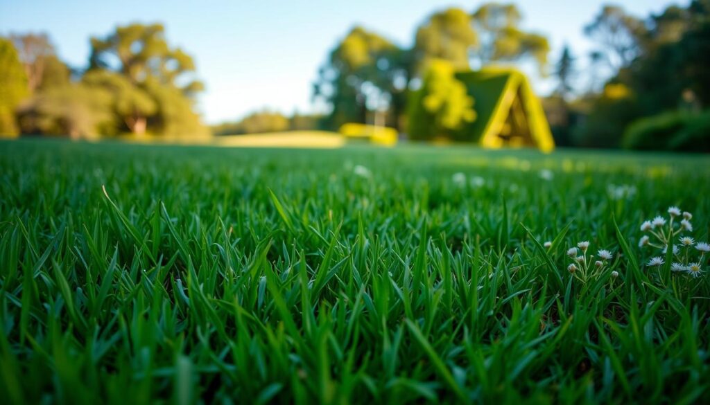 A lush, well-manicured grass lawn stretches across the foreground, its blades of green sway gently in the warm, golden sunlight. The middle ground features a crisp, clean transition to a mix of varied textures, with a hint of yellow-green creeping thyme and the soft, delicate white blooms of yarrow interspersed throughout. In the distance, a blurred, peaceful backdrop of verdant trees and a clear, azure sky creates a serene, natural atmosphere. The scene is captured with a wide, sweeping angle and a shallow depth of field, emphasizing the tactile, inviting nature of the grassy landscape. A lush, well-manicured grass lawn stretches across the foreground, its blades of green sway gently in the warm, golden sunlight. The middle ground features a crisp, clean transition to a mix of varied textures, with a hint of yellow-green creeping thyme and the soft, delicate white blooms of yarrow interspersed throughout. In the distance, a blurred, peaceful backdrop of verdant trees and a clear, azure sky creates a serene, natural atmosphere. The scene is captured with a wide, sweeping angle and a shallow depth of field, emphasizing the tactile, inviting nature of the grassy landscape.