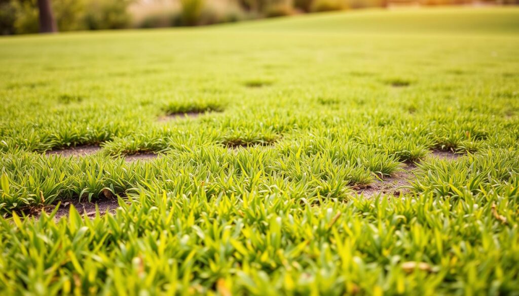 A lush, well-manicured lawn with various patches of discolored, thinning grass. The foreground features several areas of bare soil, dotted with hints of yellow and brown blades, indicating potential issues. The middle ground showcases a mix of healthy, vibrant green grass interspersed with uneven spots of varying shades. The background depicts a natural, soft-focus landscape, providing context and depth. Warm, diffused sunlight casts a gentle glow, highlighting the textural details of the grass. Captured with a shallow depth of field, drawing the viewer's attention to the diagnostic signs in the lawn.