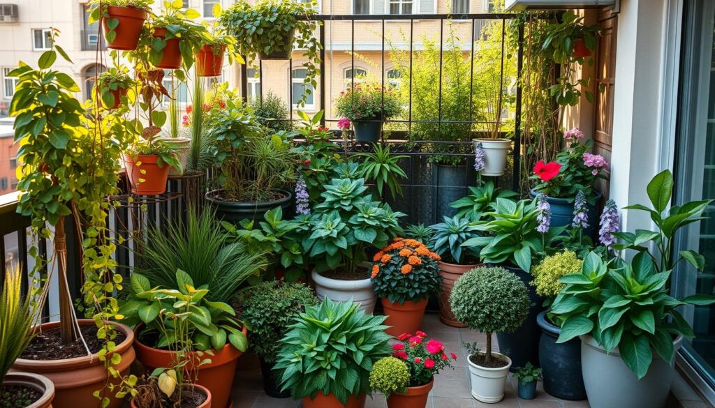 A lush, well-organized container garden adorning a cozy urban patio. An abundance of thriving plants in various sizes and textures, including trailing vines, upright shrubs, and colorful flowering annuals, arranged in stylish pots and planters of different shapes and materials. The scene is bathed in warm, golden afternoon light, casting soft shadows and highlighting the vibrant foliage. A sense of tranquility and productivity pervades the intimate outdoor space, with the greenery providing a natural, rejuvenating oasis amidst the city landscape. The overall composition exudes a harmonious, visually appealing display of urban gardening prowess. A lush, well-organized container garden adorning a cozy urban patio. An abundance of thriving plants in various sizes and textures, including trailing vines, upright shrubs, and colorful flowering annuals, arranged in stylish pots and planters of different shapes and materials. The scene is bathed in warm, golden afternoon light, casting soft shadows and highlighting the vibrant foliage. A sense of tranquility and productivity pervades the intimate outdoor space, with the greenery providing a natural, rejuvenating oasis amidst the city landscape. The overall composition exudes a harmonious, visually appealing display of urban gardening prowess.