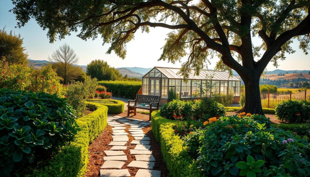 A lush, well-tended community garden nestled in a serene HOA setting. In the foreground, raised garden beds overflow with vibrant vegetables and flowers, framed by neatly trimmed hedges. A meandering stone path leads deeper into the scene, past a rustic, weathered wooden bench situated under the dappled shade of a mature oak tree. In the middle ground, a charming greenhouse stands, its glass panes glinting in the warm, golden sunlight. The background features a picturesque backdrop of rolling hills and a clear, azure sky, creating a tranquil, inviting atmosphere. The overall scene conveys a sense of community, sustainability, and a harmonious integration of nature and shared living spaces. A lush, well-tended community garden nestled in a serene HOA setting. In the foreground, raised garden beds overflow with vibrant vegetables and flowers, framed by neatly trimmed hedges. A meandering stone path leads deeper into the scene, past a rustic, weathered wooden bench situated under the dappled shade of a mature oak tree. In the middle ground, a charming greenhouse stands, its glass panes glinting in the warm, golden sunlight. The background features a picturesque backdrop of rolling hills and a clear, azure sky, creating a tranquil, inviting atmosphere. The overall scene conveys a sense of community, sustainability, and a harmonious integration of nature and shared living spaces.
