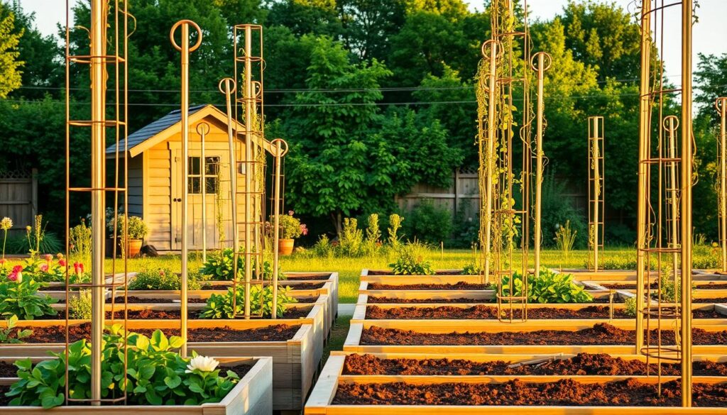 A lush, well-tended cutting garden takes shape, with sturdy metal supports standing tall to guide the growth of vibrant blooms. In the foreground, a series of raised beds are lined with wooden planks, their soil rich and ready to nurture a bounty of flowers. Vertical trellises and obelisks, bathed in warm, golden light, create a structured framework for climbing vines and tendrils, their graceful silhouettes casting soft shadows across the scene. In the background, a cozy garden shed nestles amidst a backdrop of verdant foliage, hinting at the care and attention lavished upon this serene, productive space. The overall atmosphere is one of organized abundance, a harmonious dance of form and function that invites the viewer to imagine the colorful blooms soon to grace this carefully curated garden oasis. A lush, well-tended cutting garden takes shape, with sturdy metal supports standing tall to guide the growth of vibrant blooms. In the foreground, a series of raised beds are lined with wooden planks, their soil rich and ready to nurture a bounty of flowers. Vertical trellises and obelisks, bathed in warm, golden light, create a structured framework for climbing vines and tendrils, their graceful silhouettes casting soft shadows across the scene. In the background, a cozy garden shed nestles amidst a backdrop of verdant foliage, hinting at the care and attention lavished upon this serene, productive space. The overall atmosphere is one of organized abundance, a harmonious dance of form and function that invites the viewer to imagine the colorful blooms soon to grace this carefully curated garden oasis.