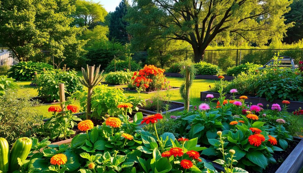 A lush, well-tended edible garden in a sunny, open backyard. In the foreground, an abundance of leafy greens, vibrant herbs, and colorful vegetables such as tomatoes, peppers, and zucchini, all growing in raised garden beds. The middle ground features a mix of flowering plants, like marigolds and nasturtiums, that attract pollinators and add pops of color. In the background, a mix of mature fruit trees, like apple and pear, provide a natural canopy and a sense of depth. The lighting is warm and golden, capturing the essence of a summer afternoon. The overall composition conveys a sense of abundance, productivity, and harmony between the cultivated and the natural elements. A lush, well-tended edible garden in a sunny, open backyard. In the foreground, an abundance of leafy greens, vibrant herbs, and colorful vegetables such as tomatoes, peppers, and zucchini, all growing in raised garden beds. The middle ground features a mix of flowering plants, like marigolds and nasturtiums, that attract pollinators and add pops of color. In the background, a mix of mature fruit trees, like apple and pear, provide a natural canopy and a sense of depth. The lighting is warm and golden, capturing the essence of a summer afternoon. The overall composition conveys a sense of abundance, productivity, and harmony between the cultivated and the natural elements.