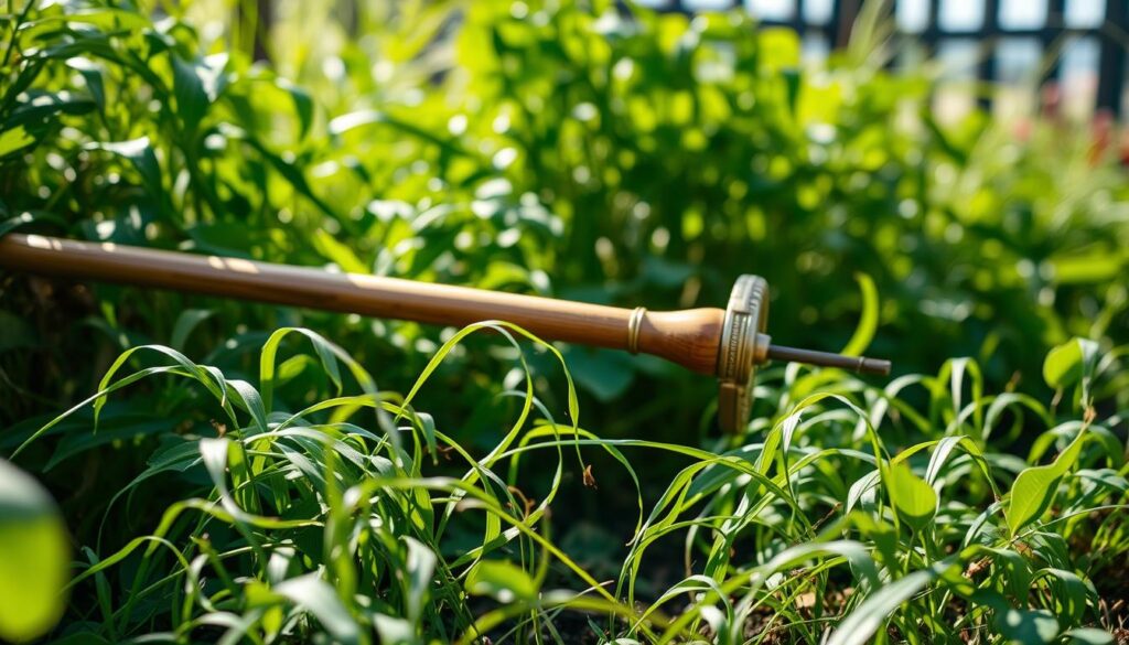 A meticulously crafted long-handled garden tool, its shaft extending gracefully into the frame. The weeds, a tangled mass of verdant tendrils, stretch out in the foreground, begging to be uprooted. Sunlight filters through the lush foliage, casting a warm, natural glow over the scene. The tool's polished wooden handle and sturdy metal head are captured in crisp detail, conveying a sense of quality and functionality. The composition is balanced, with the tool positioned centrally, guiding the viewer's eye through the layers of the image. This is a practical, yet visually compelling depiction of the "best long-handled tools reaching back deep" into the recesses of an overgrown garden bed. A meticulously crafted long-handled garden tool, its shaft extending gracefully into the frame. The weeds, a tangled mass of verdant tendrils, stretch out in the foreground, begging to be uprooted. Sunlight filters through the lush foliage, casting a warm, natural glow over the scene. The tool's polished wooden handle and sturdy metal head are captured in crisp detail, conveying a sense of quality and functionality. The composition is balanced, with the tool positioned centrally, guiding the viewer's eye through the layers of the image. This is a practical, yet visually compelling depiction of the "best long-handled tools reaching back deep" into the recesses of an overgrown garden bed.