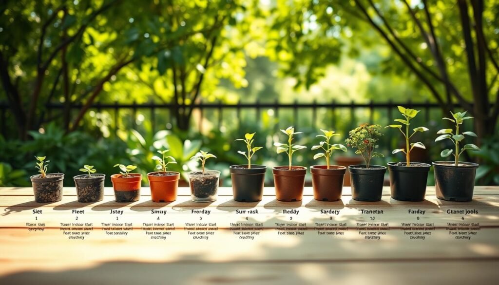 A meticulously detailed step-by-step hardening-off plan, captured in a realistic illustration. The foreground depicts a graduated series of potted seedlings, each stage showcasing their gradual acclimation to outdoor conditions - from tender indoor starts to hardy, sun-kissed plants ready for transplant. The middle ground features a lush, verdant garden backdrop, with dappled sunlight filtering through leafy trees. The composition is framed by a soft, hazy atmosphere, conveying a sense of serene transition. Crisp, high-resolution photography with a shallow depth of field highlights the delicate balance of this crucial plant-hardening process. A meticulously detailed step-by-step hardening-off plan, captured in a realistic illustration. The foreground depicts a graduated series of potted seedlings, each stage showcasing their gradual acclimation to outdoor conditions - from tender indoor starts to hardy, sun-kissed plants ready for transplant. The middle ground features a lush, verdant garden backdrop, with dappled sunlight filtering through leafy trees. The composition is framed by a soft, hazy atmosphere, conveying a sense of serene transition. Crisp, high-resolution photography with a shallow depth of field highlights the delicate balance of this crucial plant-hardening process.