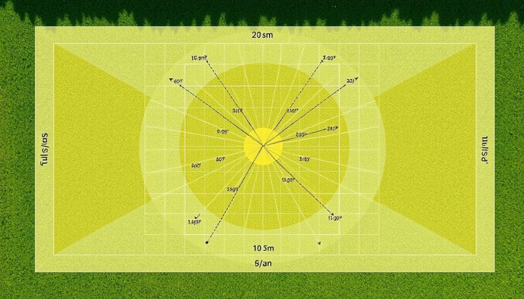 A meticulously planned sun mapping diagram, rendered with precise technical detail. A central grid overlays a lush, verdant lawn, delineating zones of sun exposure throughout the day. Arrows and annotations indicate the trajectory of the sun, with gradients highlighting areas of full sun, partial shade, and deep shade. The composition is clean and minimalist, with a muted color palette and a sense of calm, analytical focus. The overall tone is one of thoughtful, rational planning, perfectly suited to illustrate the section on optimizing a garden's layout and plantings based on available sunlight. A meticulously planned sun mapping diagram, rendered with precise technical detail. A central grid overlays a lush, verdant lawn, delineating zones of sun exposure throughout the day. Arrows and annotations indicate the trajectory of the sun, with gradients highlighting areas of full sun, partial shade, and deep shade. The composition is clean and minimalist, with a muted color palette and a sense of calm, analytical focus. The overall tone is one of thoughtful, rational planning, perfectly suited to illustrate the section on optimizing a garden's layout and plantings based on available sunlight.