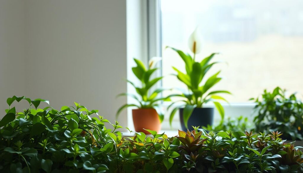 A minimalist indoor garden scene, with soft, natural lighting illuminating a lush display of low-light tolerant houseplants. In the foreground, a cluster of vibrant succulents and trailing ivy plants, their verdant leaves casting delicate shadows. In the middle ground, a tall, leafy ZZ plant and a potted peace lily, their elegant silhouettes highlighted by the warm glow of a window backdrop. The overall composition evokes a sense of tranquility and harmony, showcasing the beauty of low-maintenance, light-adaptable greenery suitable for small-space living. A minimalist indoor garden scene, with soft, natural lighting illuminating a lush display of low-light tolerant houseplants. In the foreground, a cluster of vibrant succulents and trailing ivy plants, their verdant leaves casting delicate shadows. In the middle ground, a tall, leafy ZZ plant and a potted peace lily, their elegant silhouettes highlighted by the warm glow of a window backdrop. The overall composition evokes a sense of tranquility and harmony, showcasing the beauty of low-maintenance, light-adaptable greenery suitable for small-space living.