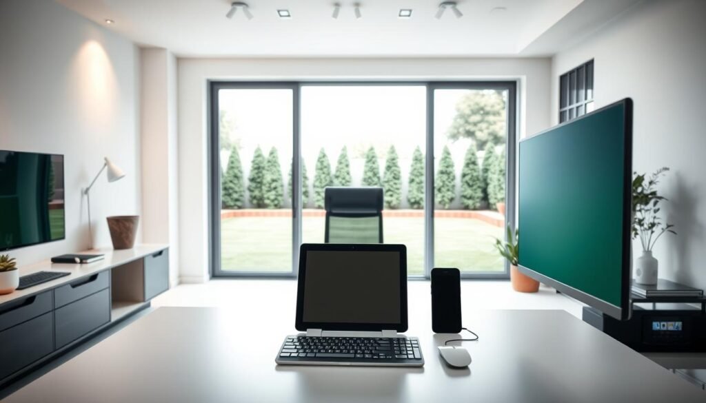 A modern, minimalist home office with sleek, modular furniture and a clean, well-lit workspace. In the foreground, a desktop computer, keyboard, and mouse are neatly arranged, symbolizing the power of digital integrations. In the middle ground, a tablet and smartphone are propped up, showcasing seamless connectivity between devices. The background features a large window overlooking a lush, well-manicured lawn, hinting at the effortless integration of lawn maintenance into the homeowner's daily routine. Soft, directional lighting illuminates the scene, creating a warm, productive atmosphere. A modern, minimalist home office with sleek, modular furniture and a clean, well-lit workspace. In the foreground, a desktop computer, keyboard, and mouse are neatly arranged, symbolizing the power of digital integrations. In the middle ground, a tablet and smartphone are propped up, showcasing seamless connectivity between devices. The background features a large window overlooking a lush, well-manicured lawn, hinting at the effortless integration of lawn maintenance into the homeowner's daily routine. Soft, directional lighting illuminates the scene, creating a warm, productive atmosphere.