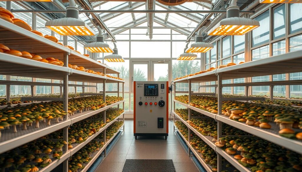 A modern, well-designed greenhouse interior with a focus on mushroom cultivation. The foreground depicts orderly rows of shelving units, each level outfitted with a humidity-controlled growing environment. The middle ground showcases a centralized climate control system, with digital displays and adjustment knobs. In the background, large windows allow natural light to filter in, complemented by strategically placed grow lamps that bathe the space in a warm, golden glow. The overall atmosphere conveys a sense of precision, efficiency and environmental control - essential elements for cultivating high-quality mushrooms within a tightly regulated greenhouse ecosystem. A modern, well-designed greenhouse interior with a focus on mushroom cultivation. The foreground depicts orderly rows of shelving units, each level outfitted with a humidity-controlled growing environment. The middle ground showcases a centralized climate control system, with digital displays and adjustment knobs. In the background, large windows allow natural light to filter in, complemented by strategically placed grow lamps that bathe the space in a warm, golden glow. The overall atmosphere conveys a sense of precision, efficiency and environmental control - essential elements for cultivating high-quality mushrooms within a tightly regulated greenhouse ecosystem.