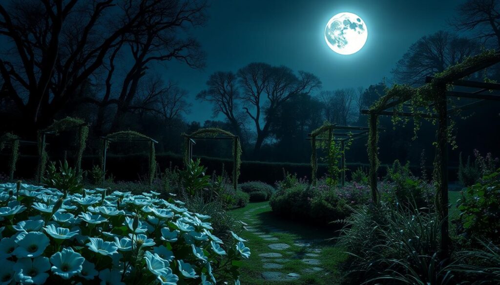 A moonlit garden, bathed in a soft, ethereal glow. The foreground features a lush bed of night-blooming flowers, their petals unfurling to reveal mesmerizing patterns. Overhead, the full moon casts a silvery light, illuminating a gentle path winding through the garden. In the middle ground, delicate vines and trailing plants cascade down trellises, creating a sense of enchantment. The background is a tranquil scene of towering trees, their branches reaching up towards the night sky. The overall atmosphere is one of serene beauty, inviting the viewer to step into this enchanting moon garden and experience the magic of nature after dark.