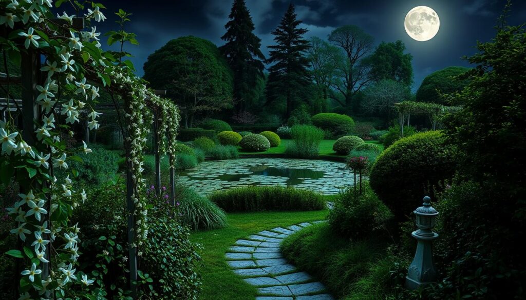 A moonlit garden, lush with night-blooming flowers and verdant greenery. In the foreground, a winding path leads through cascading vines and luminous petals. Delicate moonflowers and fragrant jasmine adorn the trellises, their pale blooms catching the soft lunar glow. In the middle ground, a tranquil pond reflects the night sky, its surface dotted with floating water lilies. Towering trees and shrubs line the perimeter, their silhouettes casting gentle shadows across the scene. The overall atmosphere is one of serene enchantment, a dreamlike oasis that thrives under the moon's gentle caress.