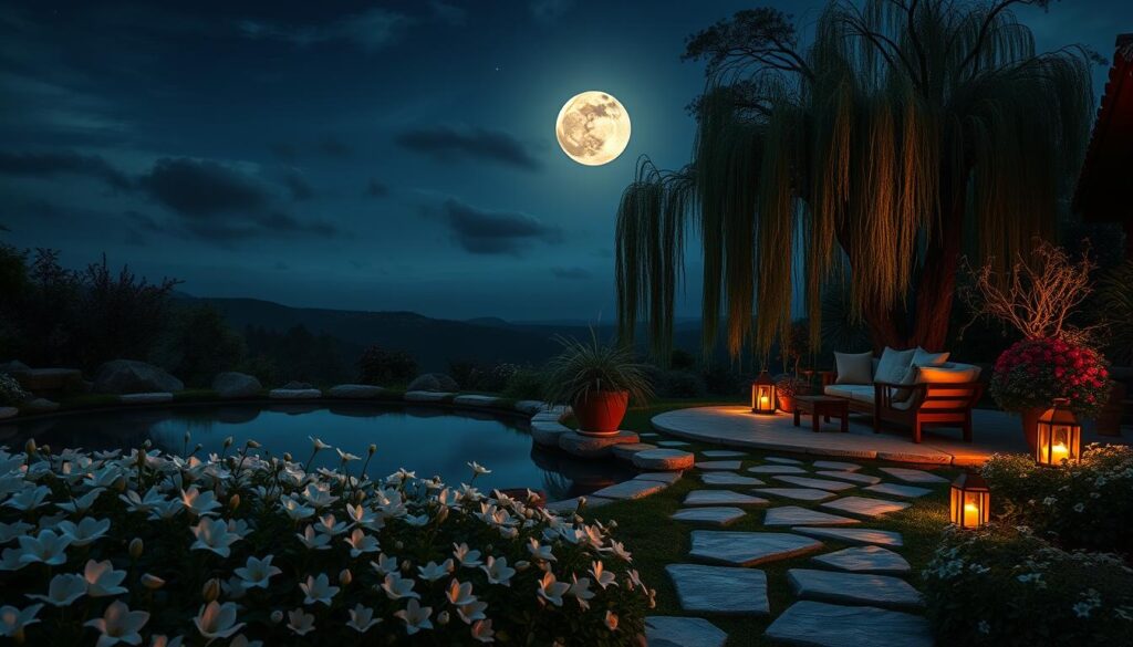 A moonlit garden sanctuary, with a serene pond reflecting the night sky. In the foreground, a lush bed of night-blooming flowers - pale moonflowers, fragrant jasmine, and delicate angel's trumpets - gently swaying in a soft breeze. Surrounding the pond, a path of smooth stones leads to a cozy seating area, adorned with glowing lanterns and plush cushions, inviting visitors to linger and savor the tranquil ambiance. In the middle ground, a weeping willow tree casts ethereal shadows, its graceful branches creating a natural canopy. The background is a vista of rolling hills and a majestic full moon, illuminating the entire scene with a magical, otherworldly glow.
