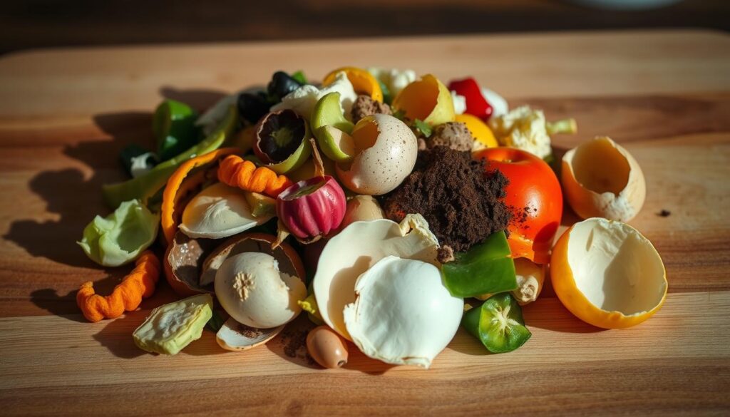A neatly arranged pile of assorted food scraps, including vegetable peels, fruit cores, eggshells, and coffee grounds, resting on a wooden cutting board. The lighting is soft and diffused, casting subtle shadows that accentuate the textures and colors of the organic materials. The composition is balanced, with the scraps positioned in a visually appealing manner, inviting the viewer to consider their potential for composting. The overall mood is one of simplicity and sustainability, hinting at the opportunities for small-space composting without unpleasant odors. A neatly arranged pile of assorted food scraps, including vegetable peels, fruit cores, eggshells, and coffee grounds, resting on a wooden cutting board. The lighting is soft and diffused, casting subtle shadows that accentuate the textures and colors of the organic materials. The composition is balanced, with the scraps positioned in a visually appealing manner, inviting the viewer to consider their potential for composting. The overall mood is one of simplicity and sustainability, hinting at the opportunities for small-space composting without unpleasant odors.