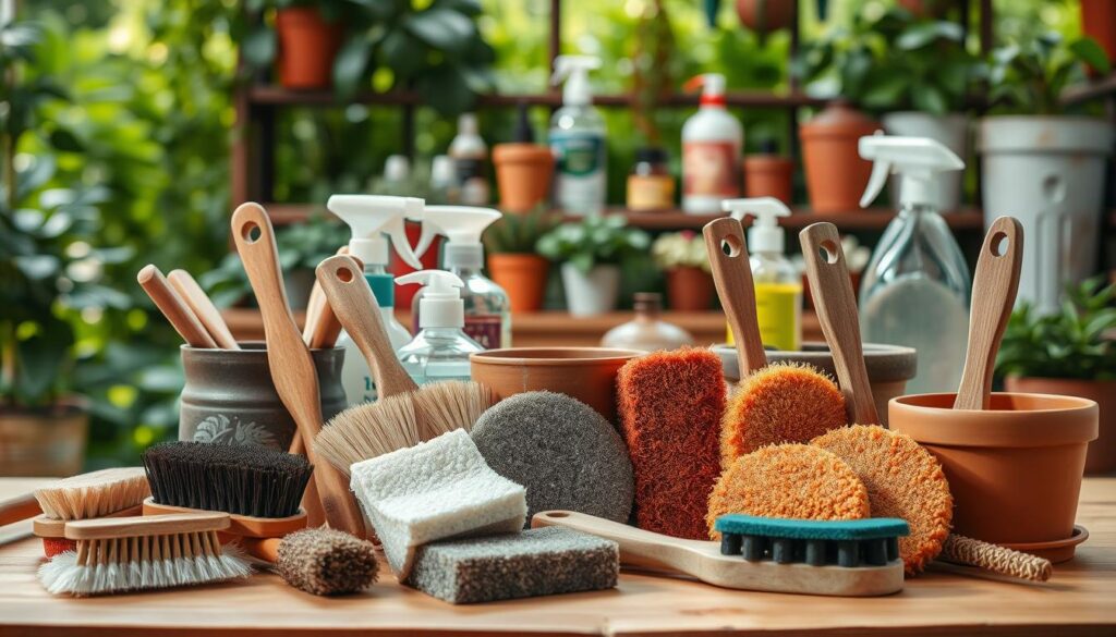 A neatly arranged still life of tools and supplies for cleaning and maintaining gardening pots, set against a soft, natural backdrop. In the foreground, a variety of brushes, scrubbing pads, and sponges in varying textures and colors. In the middle ground, a selection of cleaning solutions and polishes, their bottles and containers carefully placed. In the background, a lush, verdant setting, perhaps a potting bench or shelving unit, creating a serene, nurturing atmosphere. Warm, diffused lighting casts a gentle glow, emphasizing the materials' textures and the overall sense of care and attention to detail. The composition is balanced and visually appealing, inviting the viewer to explore the tools and imagine the process of pot maintenance.