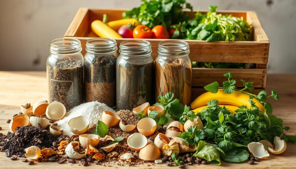 A neatly arranged still life of various ingredients for a homemade, all-natural liquid fertilizer. In the foreground, an assortment of organic materials such as dried leaves, coffee grounds, eggshells, and banana peels. In the middle ground, jars filled with compost, bone meal, and other nutrient-rich additives. In the background, a wooden crate overflowing with fresh vegetables and herbs. Warm, natural lighting casts a soft glow, highlighting the textures and colors of the ingredients. The overall composition conveys a sense of abundance, simplicity, and the DIY spirit of creating something valuable from everyday waste. A neatly arranged still life of various ingredients for a homemade, all-natural liquid fertilizer. In the foreground, an assortment of organic materials such as dried leaves, coffee grounds, eggshells, and banana peels. In the middle ground, jars filled with compost, bone meal, and other nutrient-rich additives. In the background, a wooden crate overflowing with fresh vegetables and herbs. Warm, natural lighting casts a soft glow, highlighting the textures and colors of the ingredients. The overall composition conveys a sense of abundance, simplicity, and the DIY spirit of creating something valuable from everyday waste.