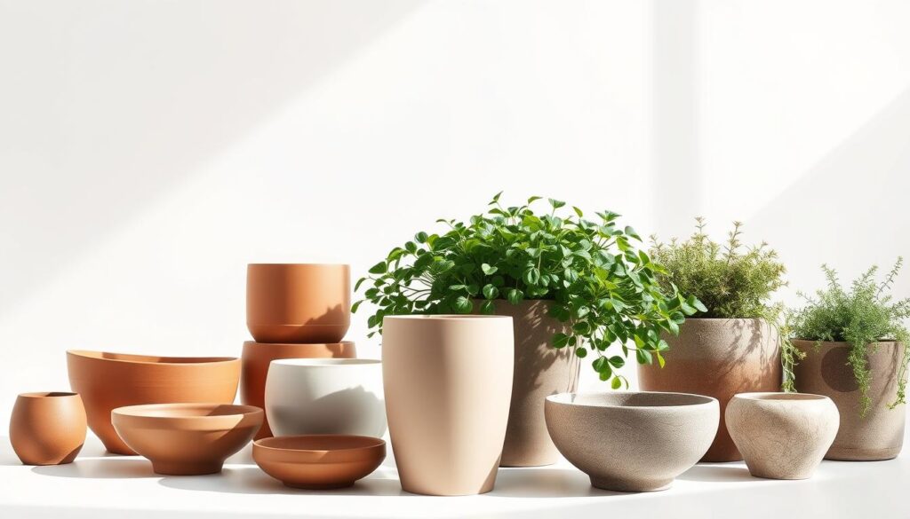 A neatly arranged still life showcasing a selection of potting vessels in an airy, sunlit studio setting. In the foreground, a tall, cylindrical ceramic planter in a neutral tone stands prominently, its elegant silhouette and smooth glaze evoking a sense of refined minimalism. Surrounding it, a variety of other pots in varying shapes, sizes, and materials - from a sleek, low-profile terracotta dish to a rustic, textured stone bowl - are thoughtfully positioned to highlight their unique characteristics and how they might complement different plant types. The middle ground features lush, vibrant foliage cascading from the vessels, while the background maintains a clean, bright atmosphere with soft, diffused lighting to emphasize the deliberate composition. An image that visually demonstrates the importance of carefully considering pot selection to optimize plant growth and aesthetic appeal. A neatly arranged still life showcasing a selection of potting vessels in an airy, sunlit studio setting. In the foreground, a tall, cylindrical ceramic planter in a neutral tone stands prominently, its elegant silhouette and smooth glaze evoking a sense of refined minimalism. Surrounding it, a variety of other pots in varying shapes, sizes, and materials - from a sleek, low-profile terracotta dish to a rustic, textured stone bowl - are thoughtfully positioned to highlight their unique characteristics and how they might complement different plant types. The middle ground features lush, vibrant foliage cascading from the vessels, while the background maintains a clean, bright atmosphere with soft, diffused lighting to emphasize the deliberate composition. An image that visually demonstrates the importance of carefully considering pot selection to optimize plant growth and aesthetic appeal.
