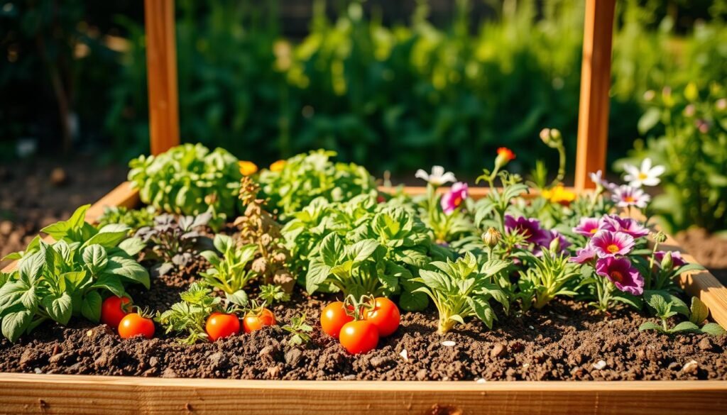 A neatly arranged, sun-dappled raised garden bed with richly textured soil, filled with lush, thriving vegetation. The foreground showcases a variety of colorful, well-spaced plants - leafy greens, robust tomatoes, and vibrant flowers. In the middle ground, the raised bed's sturdy wooden frame is visible, blending seamlessly with the surrounding natural environment. The background features a blurred, verdant landscape, hinting at the abundance of a small-space, square-foot gardening oasis. Warm, directional lighting casts gentle shadows, creating a sense of depth and dimensionality. The overall scene conveys a harmonious, productive, and visually captivating urban gardening experience.