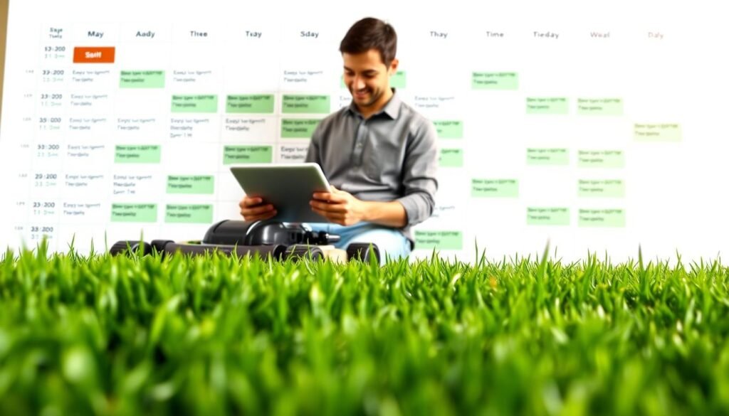 A neatly organized calendar displaying weekly schedules, color-coded tasks, and clear time allocations. The foreground features a vibrant green lawn, freshly mowed with precision, contrasting the crisp white background. In the middle ground, a homeowner reviews the schedule on a tablet, their expression one of confident control. The lighting is soft and natural, creating a sense of efficiency and ease. The angle captures the overall workflow, conveying the simplicity and effectiveness of the scheduling system. The atmosphere is one of productivity and satisfaction, reflecting the "time saved, fewer errors, better-looking yards" promised in the section title. A neatly organized calendar displaying weekly schedules, color-coded tasks, and clear time allocations. The foreground features a vibrant green lawn, freshly mowed with precision, contrasting the crisp white background. In the middle ground, a homeowner reviews the schedule on a tablet, their expression one of confident control. The lighting is soft and natural, creating a sense of efficiency and ease. The angle captures the overall workflow, conveying the simplicity and effectiveness of the scheduling system. The atmosphere is one of productivity and satisfaction, reflecting the "time saved, fewer errors, better-looking yards" promised in the section title.