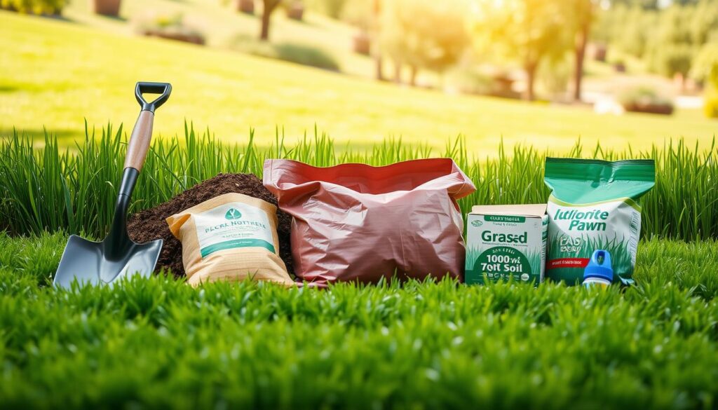 A neatly organized display of tools, materials, and landscaping essentials against a backdrop of lush green grass. In the foreground, a spade, a rake, a bag of topsoil, and a box of grass seed lie arranged in a visually pleasing manner. The middle ground features a well-tended lawn with vibrant, healthy grass. The background showcases a scenic, sun-dappled outdoor setting, with a gentle slope and distant trees providing a sense of depth and tranquility. The overall lighting is natural and warm, creating a welcoming, instructional atmosphere suitable for a lawn care guide.