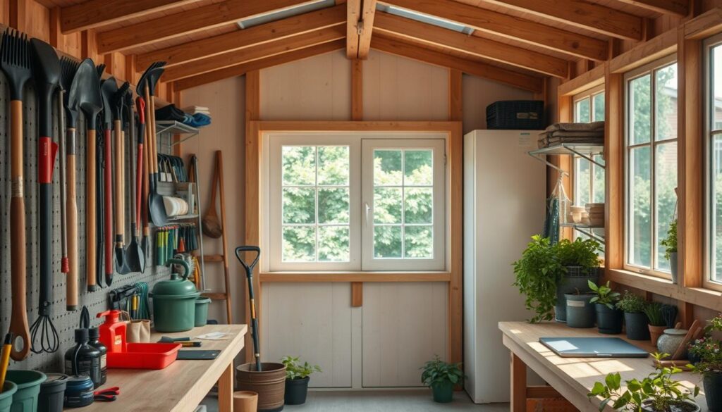 A neatly organized garden shed with ample natural light streaming in through large windows. The foreground features a workbench with various gardening tools and supplies neatly arranged, a pegboard with hanging rakes, shovels, and pruners. The middle ground showcases cleverly designed shelving units and storage solutions, maximizing vertical space. In the background, a window overlooks a lush, verdant garden, creating a serene and inspirational atmosphere. The lighting is soft and diffused, casting a warm glow throughout the shed. The overall composition conveys a sense of efficiency, functionality, and a harmonious integration of the shed within the larger garden landscape.