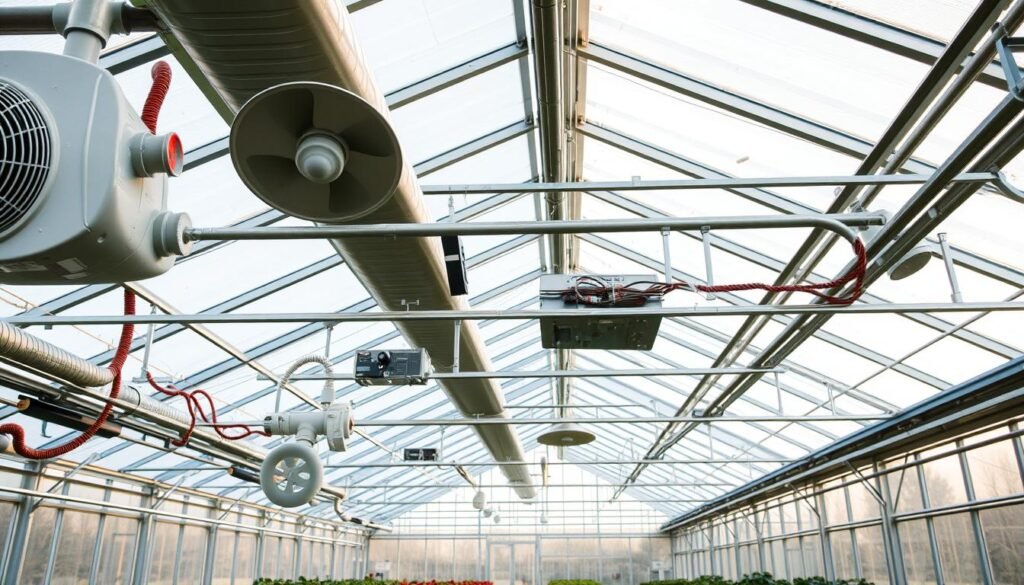 A neatly organized greenhouse interior, with a focus on the core structural systems and mechanical components. The foreground features various climate control systems, such as heating vents, fans, and temperature/humidity sensors, all working in harmony. The middle ground showcases the greenhouse's framing, with sturdy metal beams and supports maintaining the overall structural integrity. In the background, the glass panels let in soft, diffused natural light, creating a serene, well-maintained atmosphere. The scene conveys a sense of technical precision and proactive maintenance, essential for a thriving seasonal greenhouse.