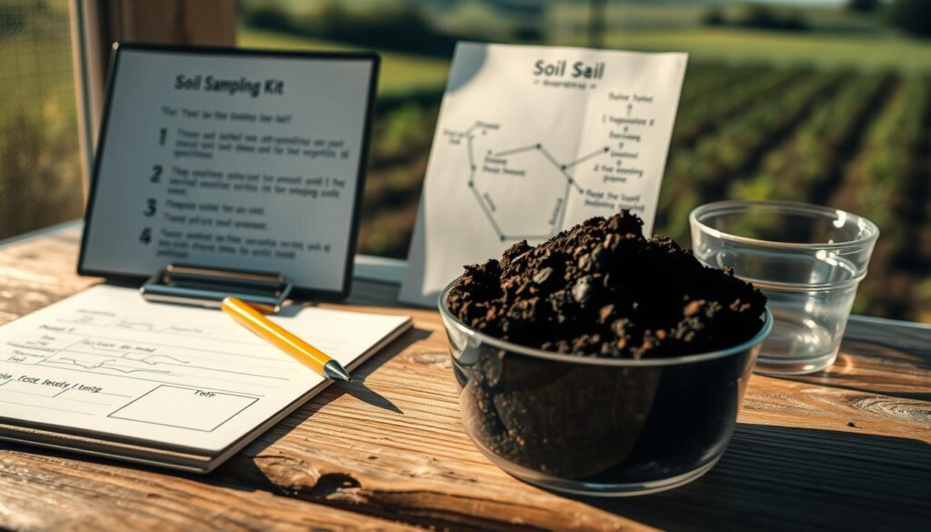 A neatly organized soil sampling kit rests on a rustic wooden surface, with a clipboard, pencil, and labels nearby. The lighting is natural and soft, casting warm shadows across the scene. In the foreground, a sample of rich, dark soil sits in a clear container, revealing its texture and composition. In the middle ground, a hand-drawn diagram explains the steps for proper soil testing, guiding the viewer through the process. The background features a blurred, out-of-focus landscape, hinting at the broader context of gardening and agriculture. The overall mood is educational, inviting the viewer to explore the importance of soil analysis for a healthy, thriving garden. A neatly organized soil sampling kit rests on a rustic wooden surface, with a clipboard, pencil, and labels nearby. The lighting is natural and soft, casting warm shadows across the scene. In the foreground, a sample of rich, dark soil sits in a clear container, revealing its texture and composition. In the middle ground, a hand-drawn diagram explains the steps for proper soil testing, guiding the viewer through the process. The background features a blurred, out-of-focus landscape, hinting at the broader context of gardening and agriculture. The overall mood is educational, inviting the viewer to explore the importance of soil analysis for a healthy, thriving garden.