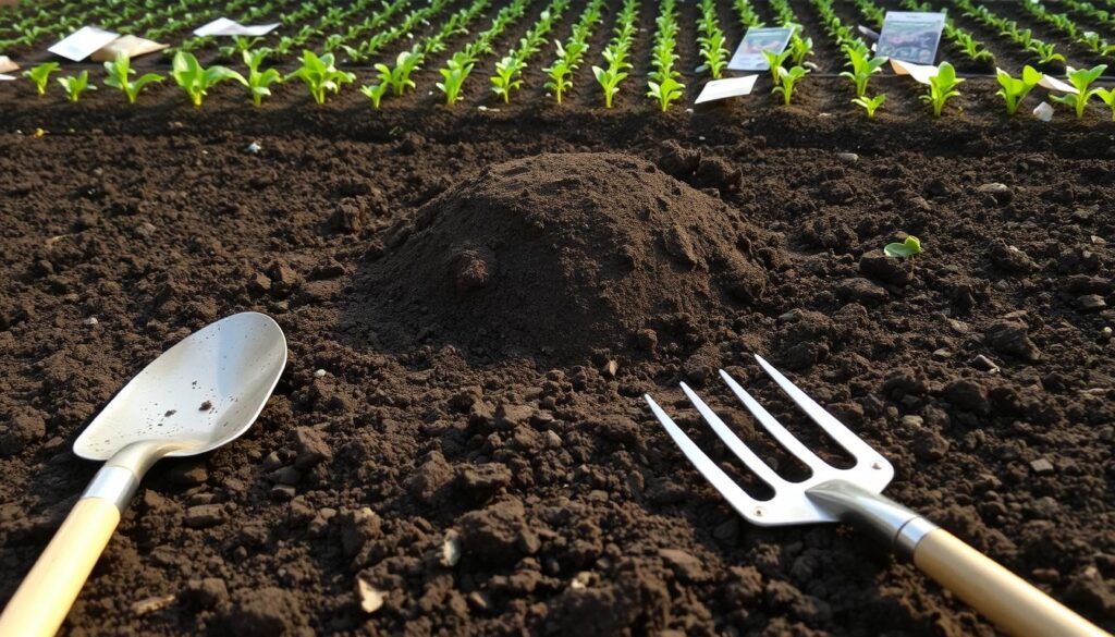 A neatly tilled garden bed, the soil dark and rich, with a slight mound in the center. Gardening tools - a shovel, rake, and hoe - are carefully arranged nearby, their metal surfaces gleaming in the soft, natural light. In the background, rows of young seedlings and a few scattered packets of seeds hint at the abundance to come. The overall scene conveys a sense of anticipation and preparation, a calm before the spring planting season begins. A neatly tilled garden bed, the soil dark and rich, with a slight mound in the center. Gardening tools - a shovel, rake, and hoe - are carefully arranged nearby, their metal surfaces gleaming in the soft, natural light. In the background, rows of young seedlings and a few scattered packets of seeds hint at the abundance to come. The overall scene conveys a sense of anticipation and preparation, a calm before the spring planting season begins.