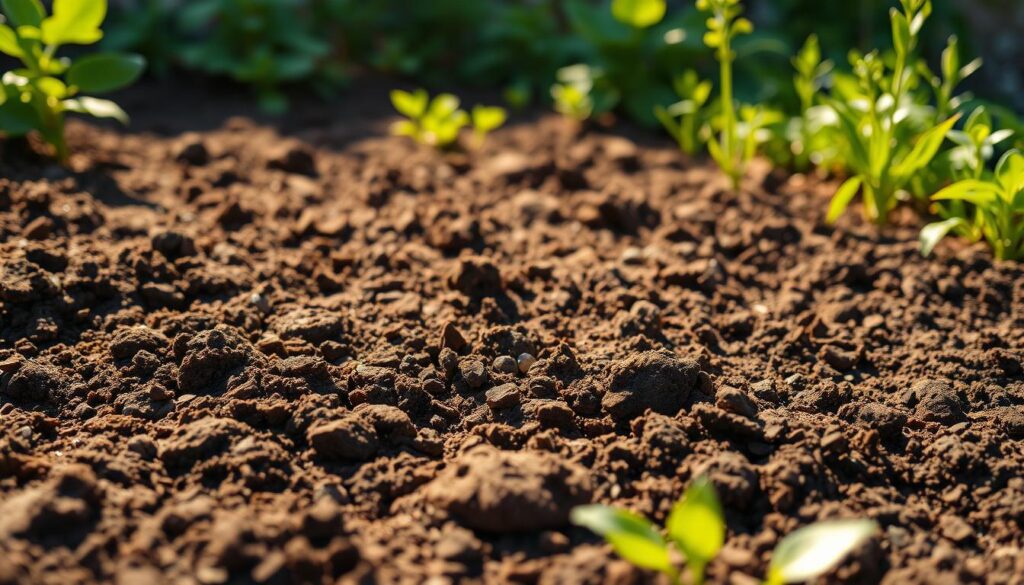 A neatly tilled, nutrient-rich garden bed with a deep, dark brown soil texture. Sunlight gently filters through, casting a warm, golden glow on the freshly turned earth. Clumps of soil crumble between fingers, revealing the earthy aroma of decomposed organic matter. The bed is meticulously leveled, inviting the viewer to envision a bountiful harvest to come. The foreground showcases the intricate patterns and structures of the soil, while the middle ground reveals the smooth, even surface, ready to receive seeds or seedlings. In the background, lush greenery and verdant foliage frame the scene, hinting at the vibrant life that will soon emerge from this well-prepared bed. A neatly tilled, nutrient-rich garden bed with a deep, dark brown soil texture. Sunlight gently filters through, casting a warm, golden glow on the freshly turned earth. Clumps of soil crumble between fingers, revealing the earthy aroma of decomposed organic matter. The bed is meticulously leveled, inviting the viewer to envision a bountiful harvest to come. The foreground showcases the intricate patterns and structures of the soil, while the middle ground reveals the smooth, even surface, ready to receive seeds or seedlings. In the background, lush greenery and verdant foliage frame the scene, hinting at the vibrant life that will soon emerge from this well-prepared bed.