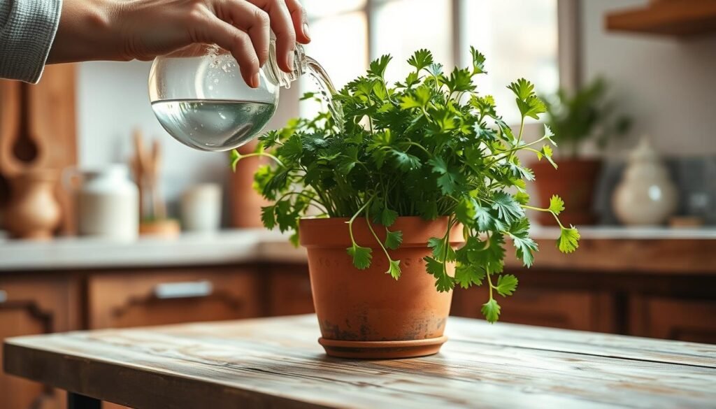 A person's hands gently watering a thriving cilantro plant, droplets of water glistening on the vibrant green leaves. The plant is situated in a rustic terracotta pot, resting on a weathered wooden table in a bright, airy kitchen. Soft, natural light filters through a nearby window, casting a warm glow and creating subtle shadows. The scene conveys a sense of care, attention, and the rewarding process of nurturing this flavorful herb. The composition is balanced, with the cilantro plant taking center stage and the background elements providing context and a sense of place. A person's hands gently watering a thriving cilantro plant, droplets of water glistening on the vibrant green leaves. The plant is situated in a rustic terracotta pot, resting on a weathered wooden table in a bright, airy kitchen. Soft, natural light filters through a nearby window, casting a warm glow and creating subtle shadows. The scene conveys a sense of care, attention, and the rewarding process of nurturing this flavorful herb. The composition is balanced, with the cilantro plant taking center stage and the background elements providing context and a sense of place.