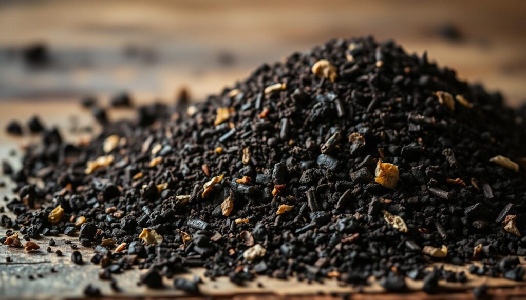 A pile of dark, rich worm castings resting on a wooden surface, illuminated by soft, natural lighting. The textured, granular castings are interspersed with small fragments of organic matter, creating a visually interesting and nutrient-dense composition. The background is blurred, keeping the focus on the close-up details of the castings. The overall mood is earthy, earthy, and reminiscent of a thriving, healthy soil ecosystem. A pile of dark, rich worm castings resting on a wooden surface, illuminated by soft, natural lighting. The textured, granular castings are interspersed with small fragments of organic matter, creating a visually interesting and nutrient-dense composition. The background is blurred, keeping the focus on the close-up details of the castings. The overall mood is earthy, earthy, and reminiscent of a thriving, healthy soil ecosystem.