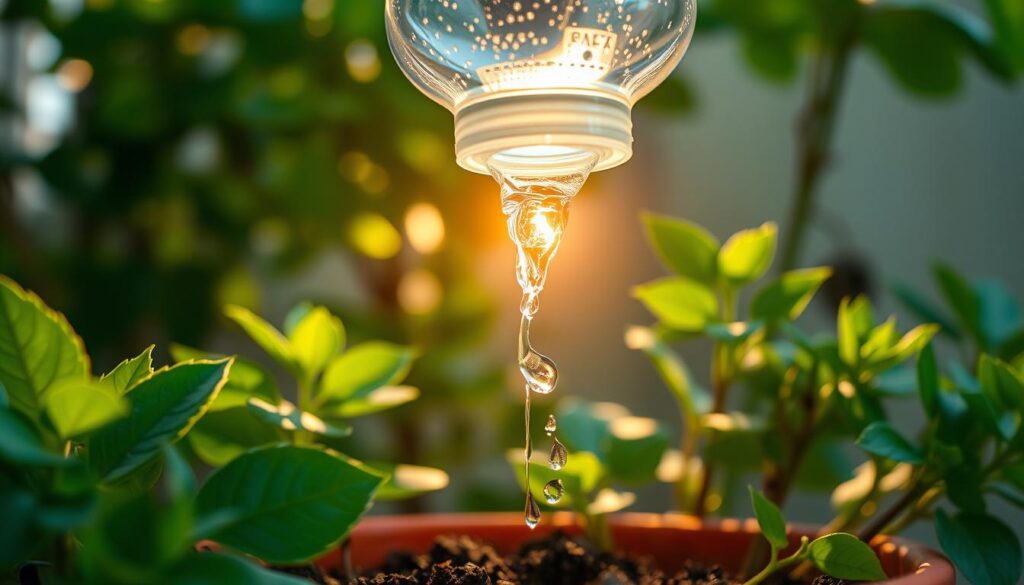 A plastic bottle, its base perforated, suspended above a lush, verdant potted plant. Gentle streams of water trickle down from the bottle's mouth, forming a mesmerizing drip pattern on the soil below. Warm, natural sunlight filters through the leaves, casting a soft, diffused glow over the scene. The bottle's translucent material reflects the surrounding greenery, creating a harmonious, organic composition. Crisp, cotton swabs protrude from the bottle, guiding the water flow and delivering it directly to the plant's roots. This simple, DIY setup embodies the essence of a practical, low-cost drip irrigation solution for a single container. A plastic bottle, its base perforated, suspended above a lush, verdant potted plant. Gentle streams of water trickle down from the bottle's mouth, forming a mesmerizing drip pattern on the soil below. Warm, natural sunlight filters through the leaves, casting a soft, diffused glow over the scene. The bottle's translucent material reflects the surrounding greenery, creating a harmonious, organic composition. Crisp, cotton swabs protrude from the bottle, guiding the water flow and delivering it directly to the plant's roots. This simple, DIY setup embodies the essence of a practical, low-cost drip irrigation solution for a single container.