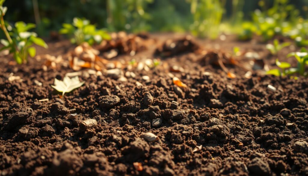 A rich, loamy soil in the foreground, its dark hues and crumbly texture inviting the viewer to sink their fingers in. In the middle ground, a scattering of organic matter - compost, leaves, and decomposing plant matter - nourishing the soil with vital nutrients. The background reveals a verdant, sun-dappled garden, suggesting the optimal growing conditions this soil will provide. Warm, diffused lighting casts a gentle glow, creating a serene, earthy atmosphere. Captured with a shallow depth of field to emphasize the textural details of the soil.